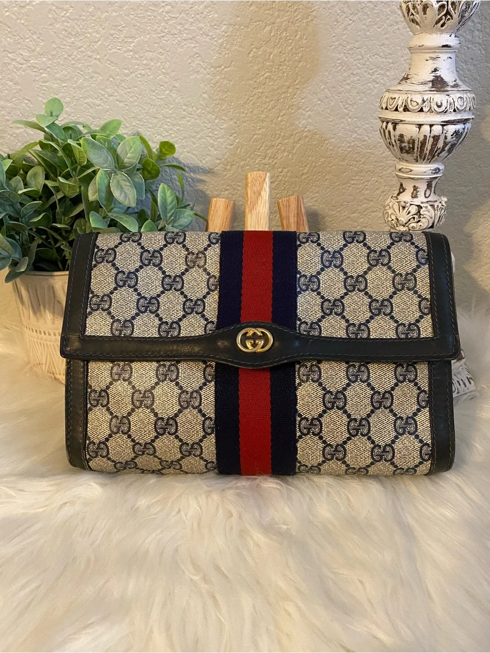 Gucci Parfume Beige/Navy/Red GG Canvas Fold-Over Clutch or Pouch with Web Stripe